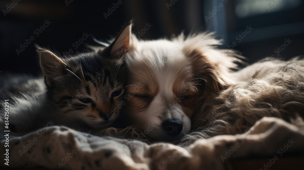 The photo depicts an adorable scene of a puppy and a kitten cuddled together, showcasing the pure innocence and sweetness of their bond. Their tiny bodies rest comfortably against each other, creating The photo depicts an adorable scene of a puppy and a kitten cuddled together, showcasing the pure innocence and sweetness of their bond. Their tiny bodies rest comfortably against each other, creating