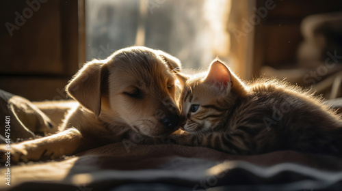 The photo depicts an adorable scene of a puppy and a kitten cuddled together, showcasing the pure innocence and sweetness of their bond. Their tiny bodies rest comfortably against each other, creating
