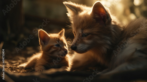 The photo depicts an adorable scene of a puppy and a kitten cuddled together, showcasing the pure innocence and sweetness of their bond. Their tiny bodies rest comfortably against each other, creating