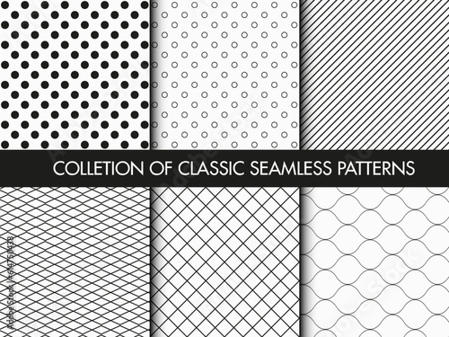 Set of seamless geometric patterns, black and white.