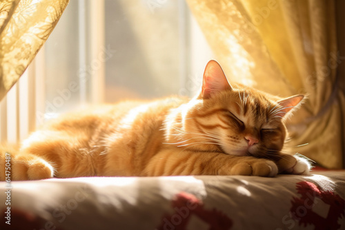 Fluffy red cat sleeps near the window.