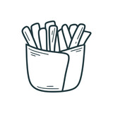 French fries hand drawn isolated illustration. Portion of hot fried potatoes in bag, doodle sketch style. Fast street food, ink sketch, vector