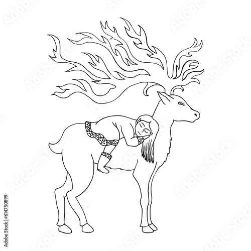 Beautiful woman and deer. Vector illustration in black and white.