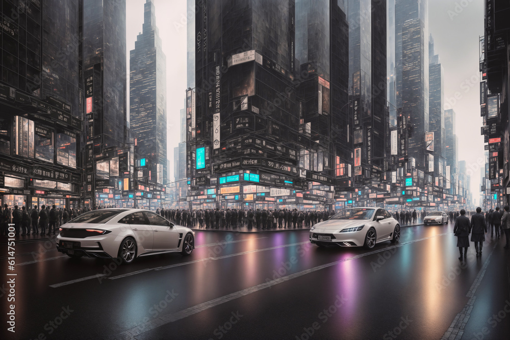 Naklejka premium Modern city streets at night, skyscrapers and street lights, traffic and people. Generative AI.