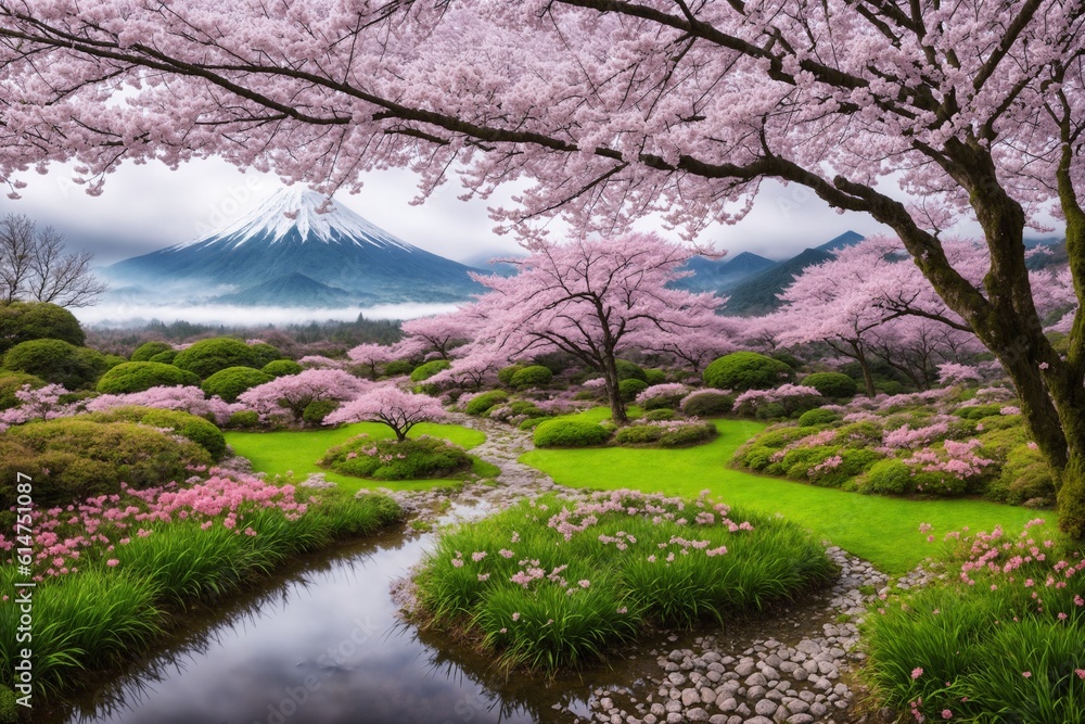 Sakura blossoms in japanese style ornamental garden, beautiful landscape. Generative AI. Sakura blossoms in japanese style ornamental garden, beautiful landscape. Generative AI.