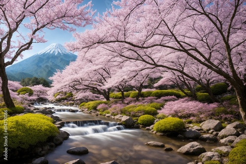 Sakura blossoms in japanese style ornamental garden  beautiful landscape. Generative AI.