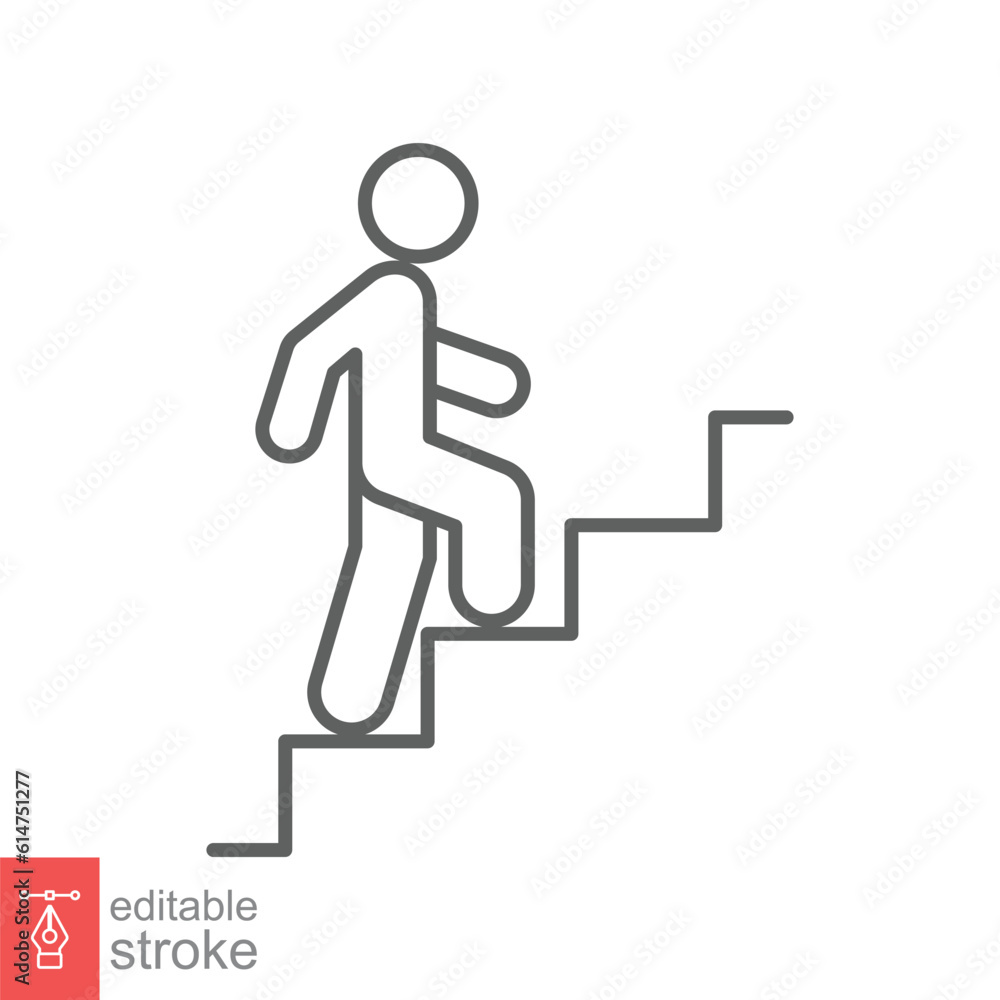 Success stairs up icon. Simple outline style. Man walk, climb stair, people, person, business concept. Thin line symbol. Vector illustration isolated on white background. Editable stroke EPS 10. Success stairs up icon. Simple outline style. Man walk, climb stair, people, person, business concept. Thin line symbol. Vector illustration isolated on white background. Editable stroke EPS 10.
