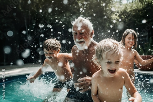 Happy grandfather and grandchildren enjoy time together, they splashing in pool. Positive senior spending time with his grandkids. Multi-generational family. Happy, active retirement. Generative AI. photo