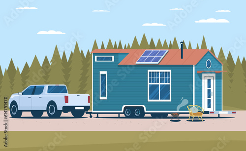 Pickup truck and tiny house on a wheeled chassis in the parking lot. Vector illustration.