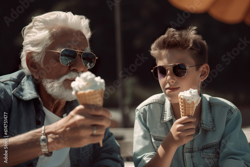Grandfather and grandson enjoy time together. Positive senior spending time with his grandchild. Multi-generational family. Happy retirement. Positive aging  good mood. Generative AI.