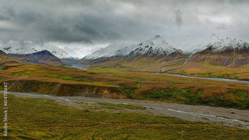 Landscape with snow covered mountains and tundra in autumn colors, Denali National Park Alaska

