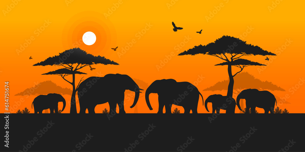 World elephant day, Silhouette of Elephants family in sunset, Wildlife and Nature, Grassland safari, Environmental conservation, National park, Think green nature, Save the planet and the wildlife. World elephant day, Silhouette of Elephants family in sunset, Wildlife and Nature, Grassland safari, Environmental conservation, National park, Think green nature, Save the planet and the wildlife.