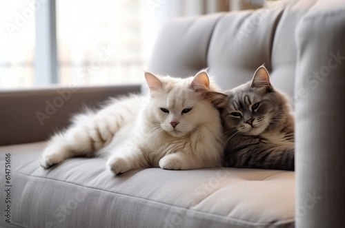 Two fluffy cats are sleeping on the sofa near the window.