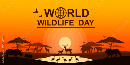 Silhouette of wildlife family on sunset sky background, Wildlife and Ecology of grassland savanna, Environment and Wild animals conservation, National park in Africa, Eco friendly, World wildlife day.