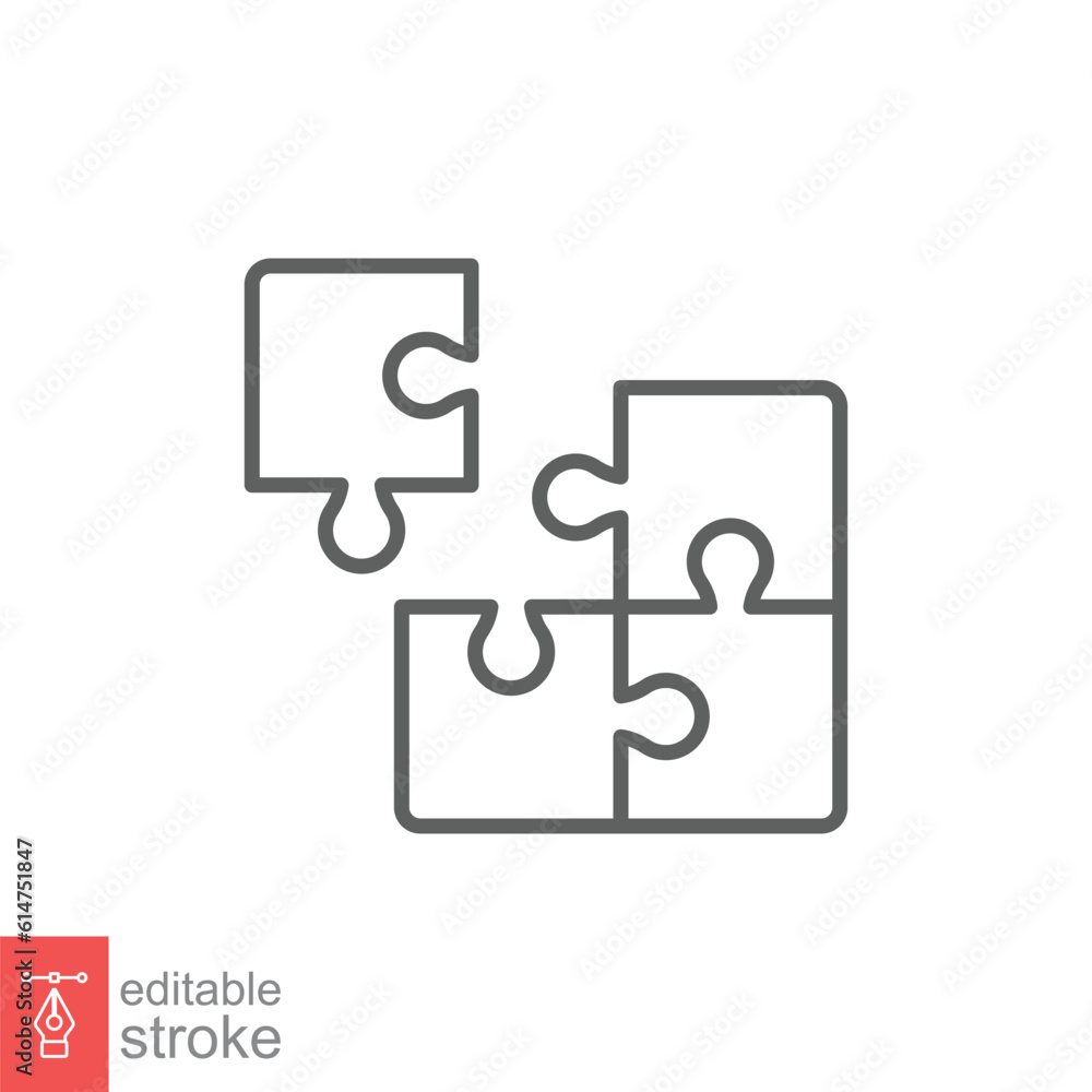 Puzzle solution jigsaw icon. Simple outline style. Join teamwork, challenge, four square block part concept. Thin line symbol. Vector illustration isolated on white background. Editable stroke EPS 10.