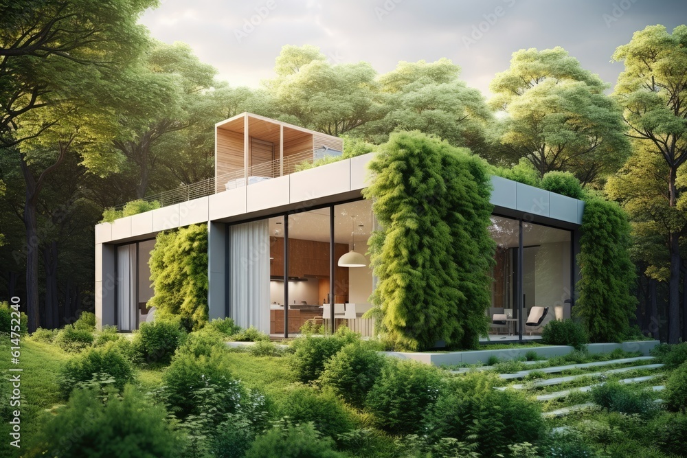Eco - friendly house with a modern design and a strong emphasis on sustainability. 3D render. Generative AI