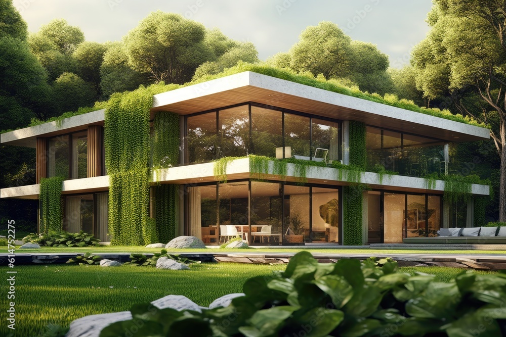 Eco - friendly house with a modern design and a strong emphasis on sustainability. 3D render. Generative AI