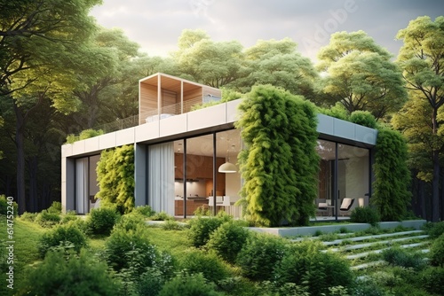 Eco - friendly house with a modern design and a strong emphasis on sustainability. 3D render. Generative AI