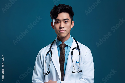 Portrait of young Asian male doctor with stethoscope on blue background, Generative AI