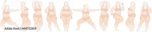 Plus-size woman. Set of Big chubby body Positive woman with fat curvy figures. Attractive Female Standing In Lingery. Vector line sketch Illustration