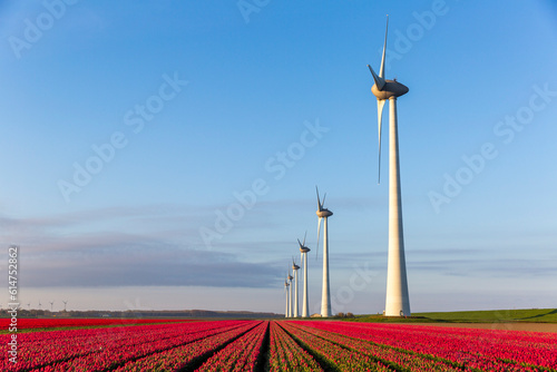 Obraz na płótnie Red tulip fields and wind turbines in the Flevoland w salonie