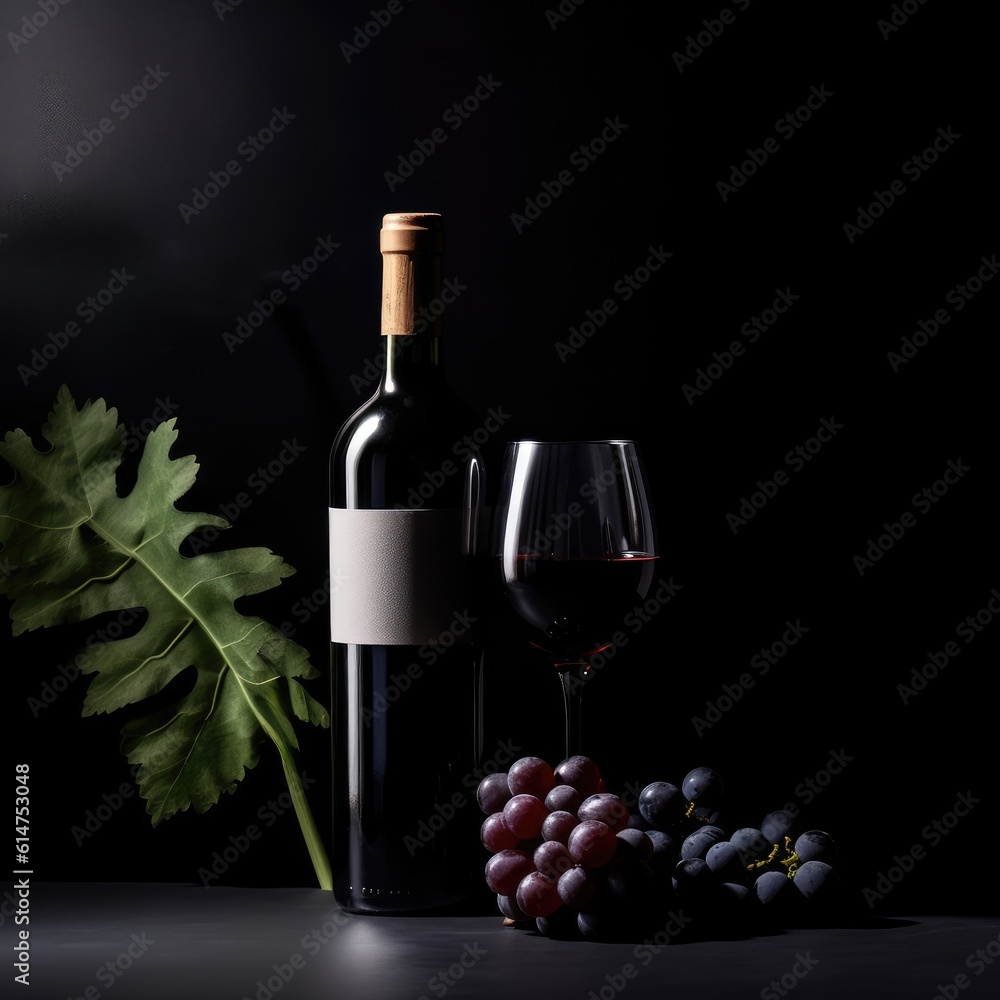 A bottle of red wine with a glass and a bunch of grapes
