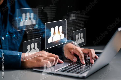 Fototapeta Naklejka Na Ścianę i Meble -  teamwork, technology, business, group, leader, leadership, team, manager, partnership, community. typing keyboard to check progress team leadership management. teamwork and group business partnership.