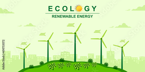 Wind power generators or Turbine farm and Solar cells panels on the city background, Environmental conservation and eco friendly, Renewable energy, Green ecology and Sustainable energy conservation.