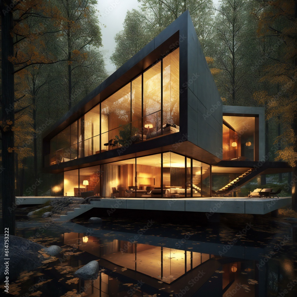 Fototapeta premium modern architecture house in the middle of the forest. Generative AI.