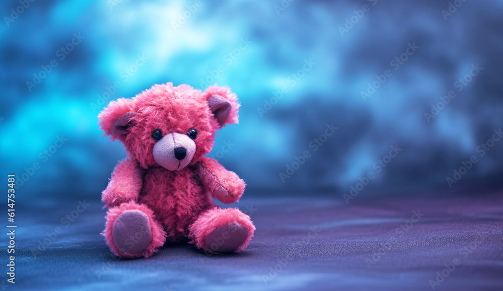 Fototapeta premium Illustration of a pink teddy bear against a blue backdrop created with Generative AI technology