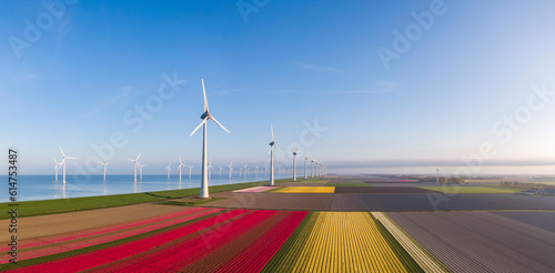 Obraz na płótnie Aerial view of tulip fields and wind turbines in the Flevoland w salonie