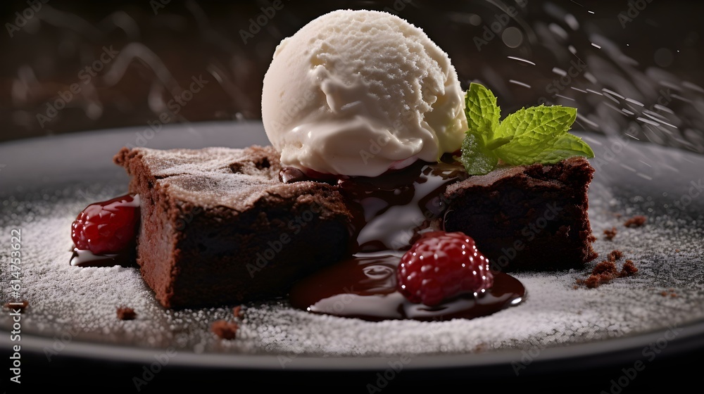 Chocolate Cake with Vanilla Ice Cream and Whipped Cream. Blurred Background Chocolate Cake with Vanilla Ice Cream and Whipped Cream. Blurred Background
