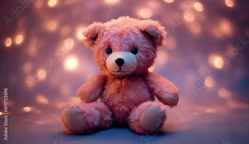 Illustration of a cute pink teddy bear sitting in front of a dreamy, blurred background created with Generative AI technology © AI Visual Vault