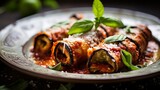 Involtini di Melanzane served on a plate with fresh basil and grated cheese garnish