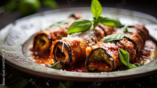 Involtini di Melanzane served on a plate with fresh basil and grated cheese garnish