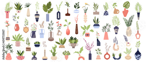 Urban jungle, trendy home decor with plants. Trendy potted plants for home. Vector illustration. Floral vases. Blooming spring flowers, tropical leaves and herbs in jugs and teapots.