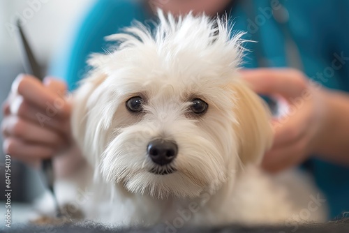 Professional pet groomer as she delicately trims the fur of a fluffy dog at a grooming salon. Generative AI