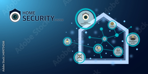 Home security system, Smart home technology connected to smart devices, Internet protocol camera, Surveillance system infographic inside the buildings, CCTV protected to crime and theft or invasion.