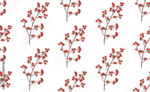 Seamless pattern with rowanberries on white background in flat style in flat style. Vector wallpaper