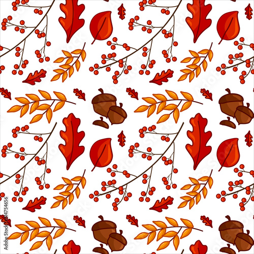 Seamless pattern with autumn leaves, acorns and rowans on white background in flat style. Vector illustration