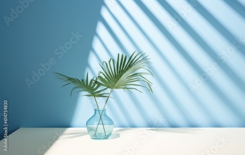 Light blue wall with shade and plant on the floor in a vase © cherezoff