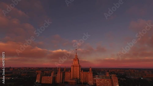Aerial drone view at sunset of Moscow State University. Russia