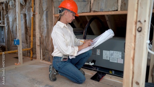Close-up of woman architect checking the HVAC unit along with the blueprints in a new home construction.