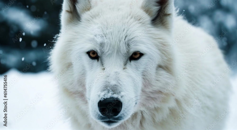 Close up of white wolf with snow background. AI generative and Animal kingdom concept