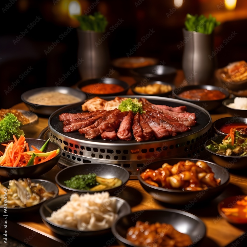 Korea BBQ style restaurant. Asian traditional pickle vegetable ingredients on table. Generative AI Korea BBQ style restaurant. Asian traditional pickle vegetable ingredients on table. Generative AI