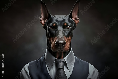 Foto Studio portrait of doberman pincher dog in suit shirt tie and sunglasses