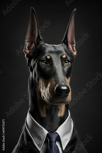 Studio portrait of doberman pincher dog in suit shirt tie and sunglasses © gaukharyerk