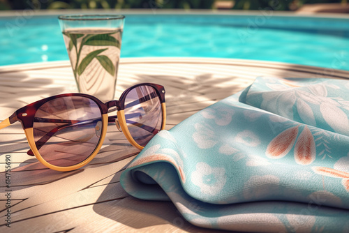Sunglasses, beach towel, and a refreshing drink by the poolside, flat cinematic view Generative AI