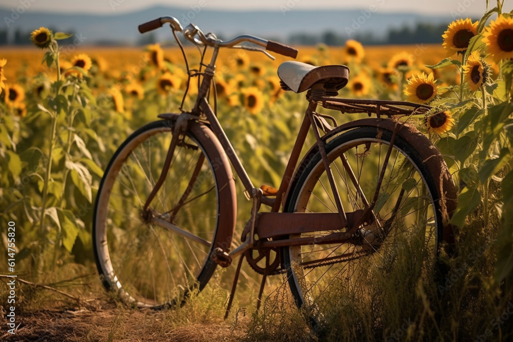 A vintage bicycle parked by a blooming field of sunflowers, flat cinematic view Generative AI