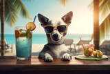 Animals, travel and vacation concept. Funny and cute looking dog on vacation relaxing near pool with exotic and tropical cocktail. Pet wearing sunglasses. Generative AI